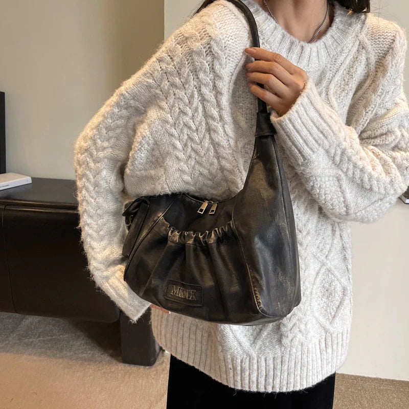 Retro Leather Shoulder Bags for Women 2025 Spring Vintage Underarm Bag Handbags and Purses Latest Fashion Hand Bag