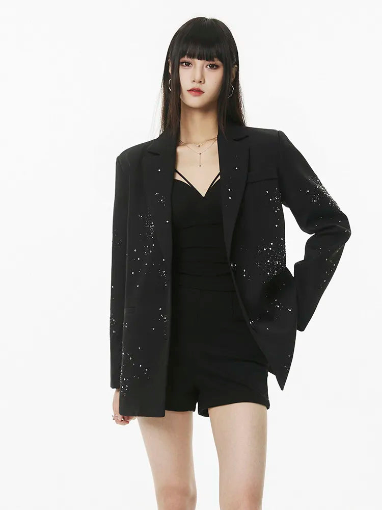 Women's Rhinestone Blazer Long Sleeve Suit Jacket Designer Loose Fit Office Casual Sparkly Blazer Fashion Outerwear Coat