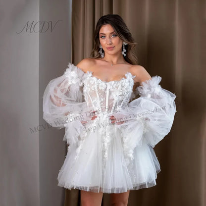 Customized Boat Neckline With 3D Flowers Long Puff Sleeves Tulle A-Line Mini Wedding Dress Elegant Lace-up Back Gown For Bride