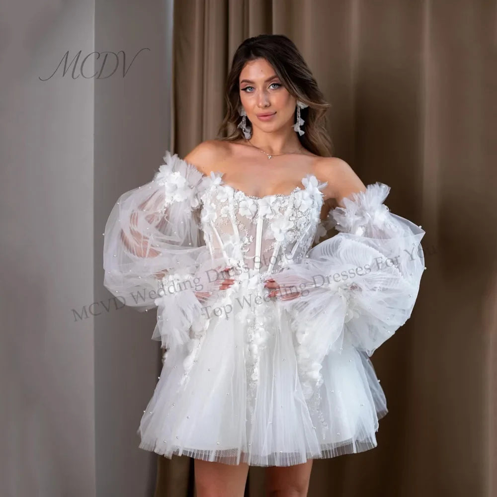 Customized Boat Neckline With 3D Flowers Long Puff Sleeves Tulle A-Line Mini Wedding Dress Elegant Lace-up Back Gown For Bride