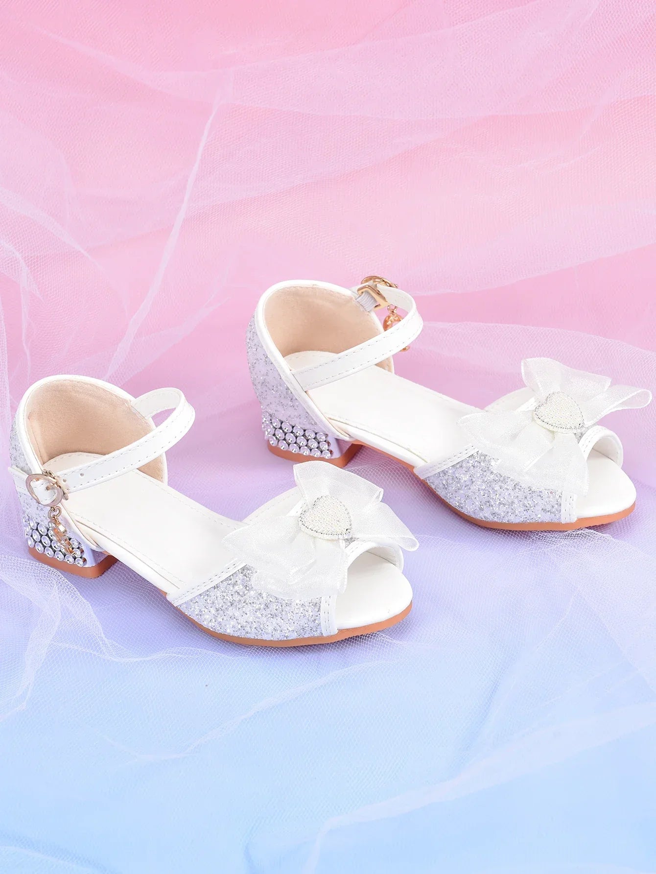 Girls' Crystal Heel Bowknot Dress Sandals, White Sparkly Princess Party Shoes For Children