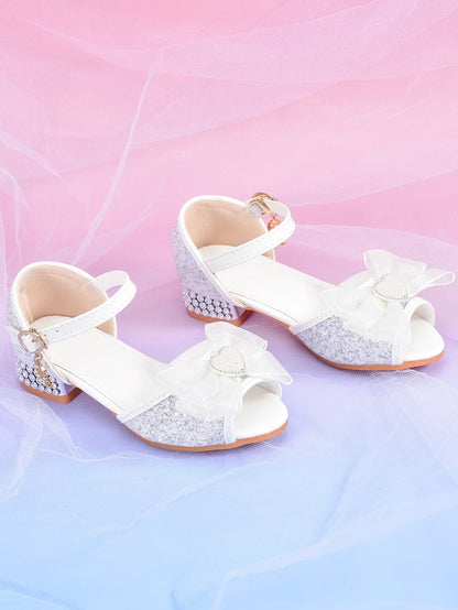 Girls' Crystal Heel Bowknot Dress Sandals, White Sparkly Princess Party Shoes For Children