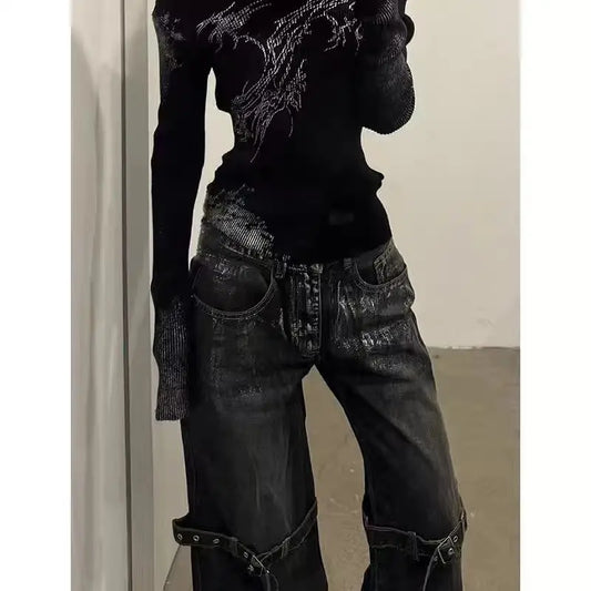 American Retro Wide Leg Baggy Casual Denim Trouser Harajuku Solid High Waist Loose Jeans 2024 Summer Belted Design Women Pants