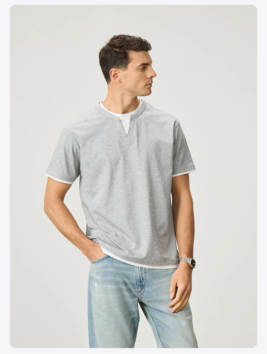 2026 Summer New Oversize 210gsm Cool Feeling Sorona Fabric Fake Double Layer T-shirts Men Comfortable Plus Size Tops