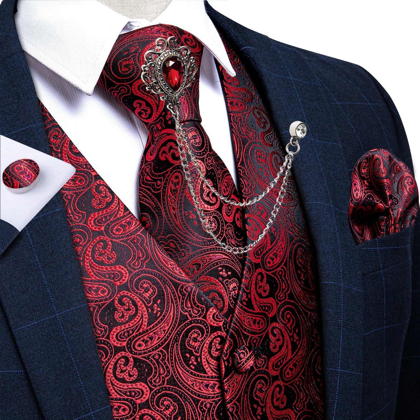 New Teal Green Paisley Formal Dress Vest Men's Suit Vest Waistcoat Tie Brooch Pocket Square Set for Tuxedo