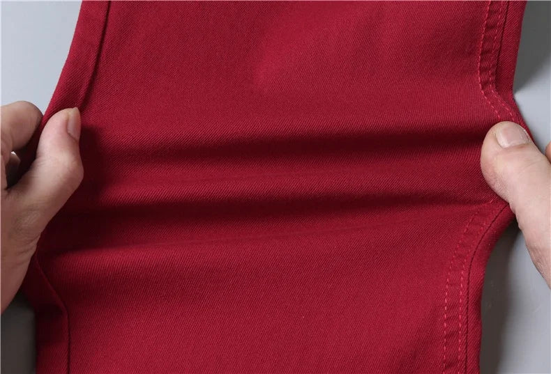Brand Classic Style Men's Wine Red Jeans Fashion Business Casual Straight Denim Stretch Trousers Male Denim Pants Korean reviews