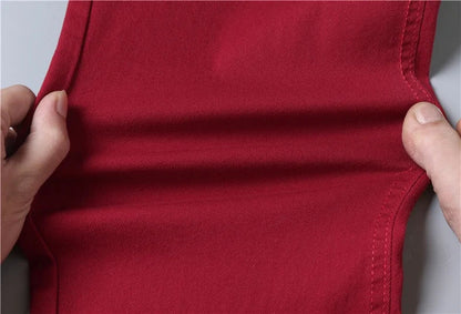Brand Classic Style Men's Wine Red Jeans Fashion Business Casual Straight Denim Stretch Trousers Male Denim Pants Korean reviews