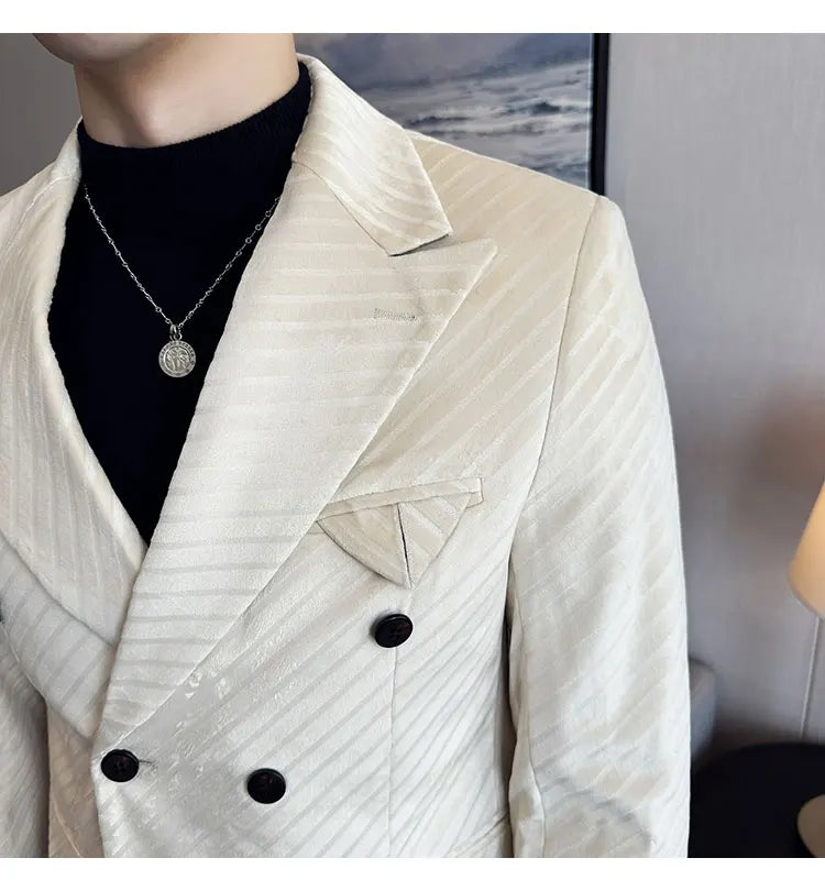 Autumn Winter New Velvet Suit Jacket Men Double-Breasted Striped Slim Fit Casual Coats High Quality Formal Business Tailcoat