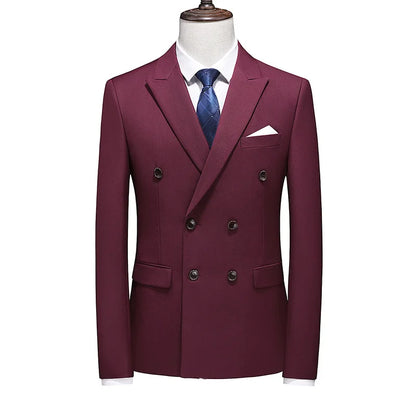 17 Colors Men Fashion Double Breasted Suit Jacket Korean Classic Solid Color Formal Business Office Slim Casual Wedding Blazers