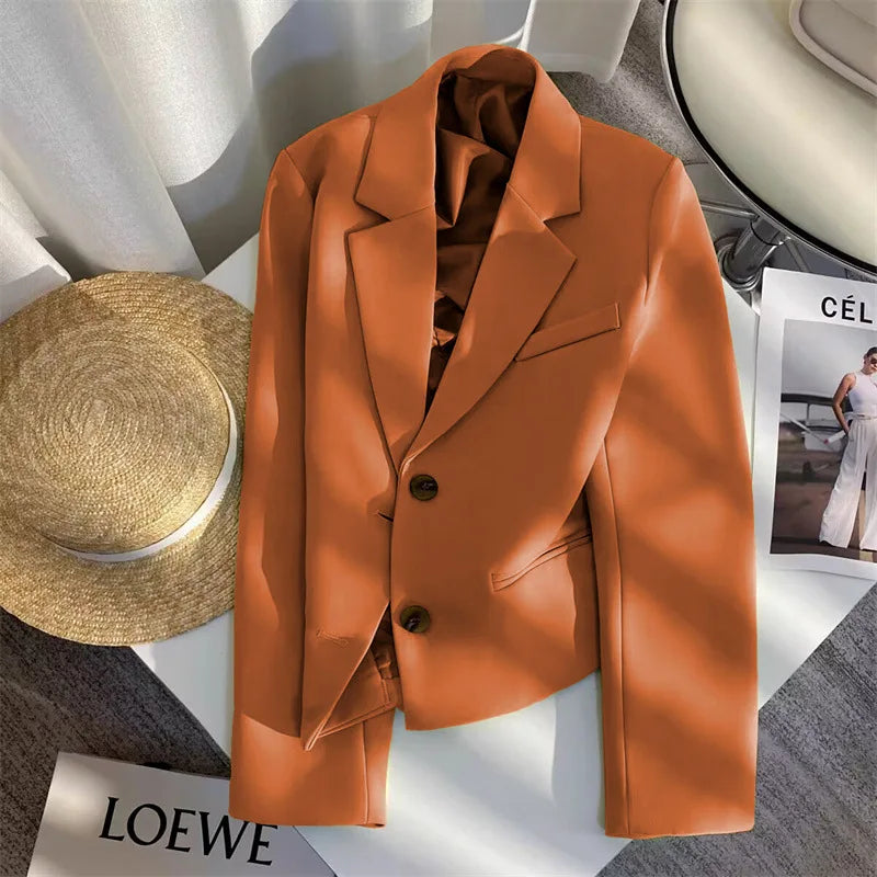 Black Cropped Blazers Woman Trend 2025 New All-match Notched Collar Crop Jacket Women Korean Chic Single Button Suit Coat Tops