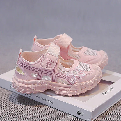 2026 summer new girls' bow mesh toe sandals soft and casual beach sandals children's outdoor walking non slip flat shoes