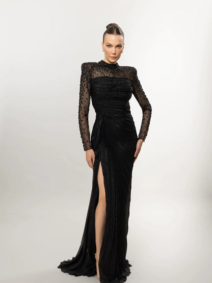 Women'S Formal Evening Gowns Customize Scoop Neck Beading Luxury Evening Dresses Long Sleeves Straight Floor-Length
