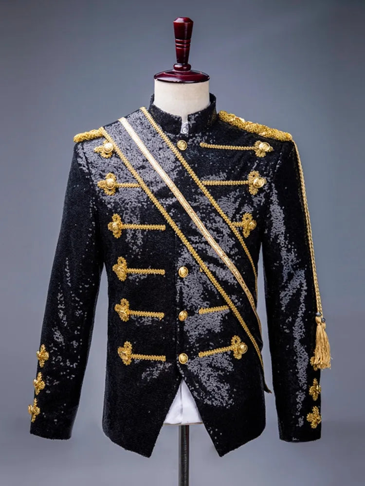 Men Sequin Uniform MJ Dance Wear Glitter Black White Vintage Michael Jackson Stage Jacket with Tassel