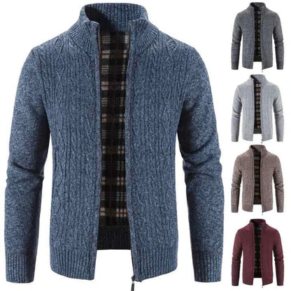 Winter Autumn New Sweater Knit Cable Cardigan Men Business Casual Jacket Zipper Up Solid Color Turn-down Coat Fleece Clothes