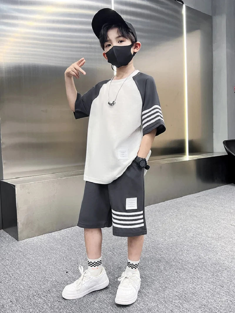 Summer Casual Boys Cotton Contrast Striped t-Shirt Tops+Short Pant Sets School Kids Tracksuit Child 2PCS Jogging Outfit 5-16 Yrs