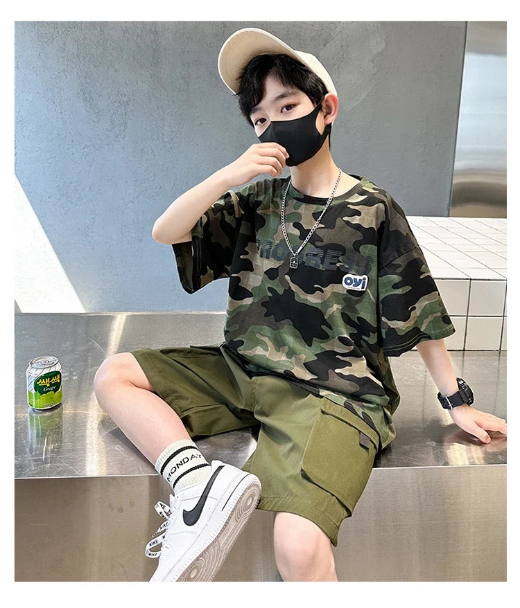 Kids Summer Set Causal Camouflage Sportswear Two Piece Clothing Set for Teenage Boy Short Sleeve T-shirt Shorts Tracksuit Outfit