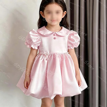Baby Girls Princess Dress Peter Pan Neck Short Sleeves Flower Girl Dress for Wedding Toddlers Bubble Hem Mini Party Gown Custom