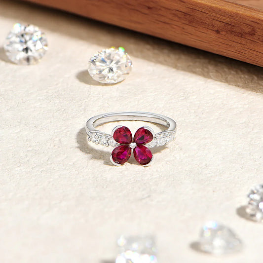 Bague originale en forme de fleur de rubis goutte d'eau pour femmes, bagues de fiançailles pavées de moissanite, bijoux en argent sterling 925, cadeau pour les fêtes