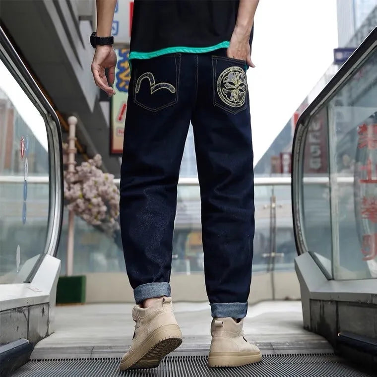 Men's Japanese Handmade Embroidered Jeans Pure Cotton Straight Tube Hip-Hop Popular Slim Red Ears Show Thin Trousers Devil Black