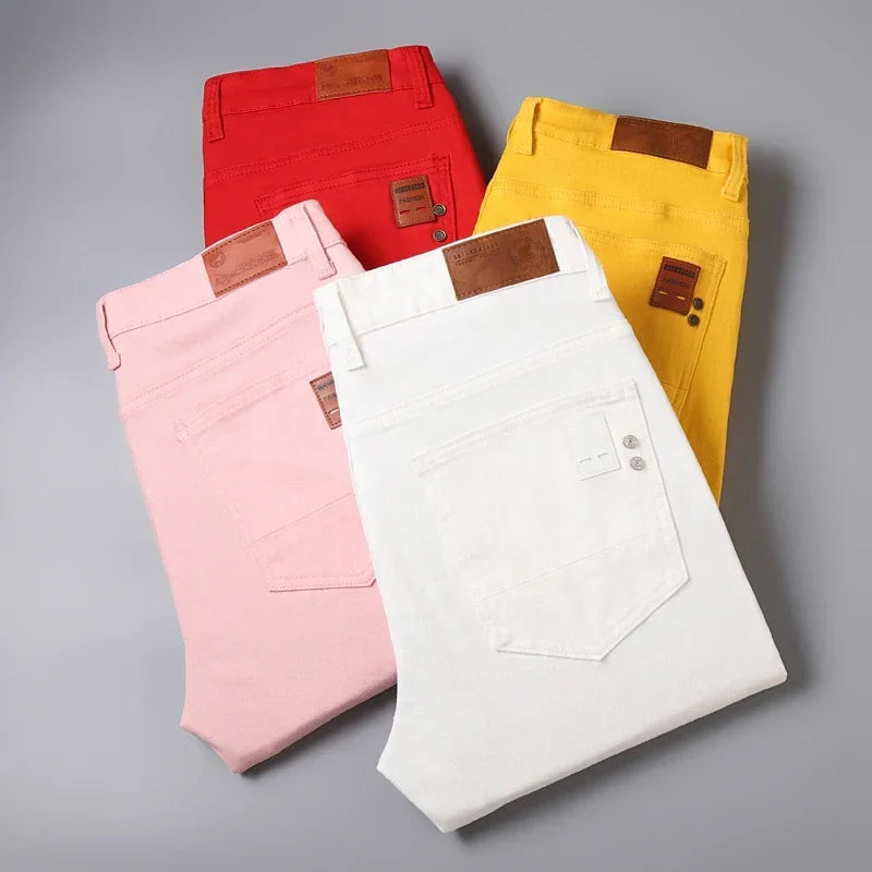 Slim Elastic Jeans Men's Colorful Fashion Korean Pants Spring Autumn Soft Comfortable Casual Straight Denim Trousers Streetwear