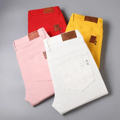 Slim Elastic Jeans Men's Colorful Fashion Korean Pants Spring Autumn Soft Comfortable Casual Straight Denim Trousers Streetwear