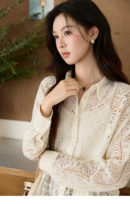 Women's Hollow-out Lace Shirt Camisole Set 2026 Spring Lapel Drawstring Waist Sheer Casual Two-Piece Knitwear MXF108C0816