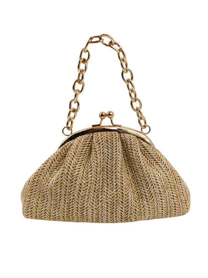 2026 new vacation straw women clutch, light brown herringbone textured pleated cloud bag shape. Rose gold bead metal frame buckl