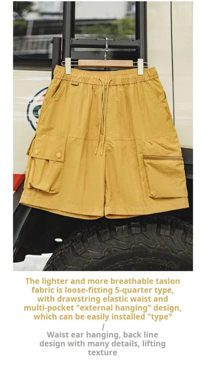 Outdoor Yellow Cargo Shorts Men's Summer Quick-Dry Lightweight Sports Shorts with Drawstring Waist Multi-Pocket Bottoms