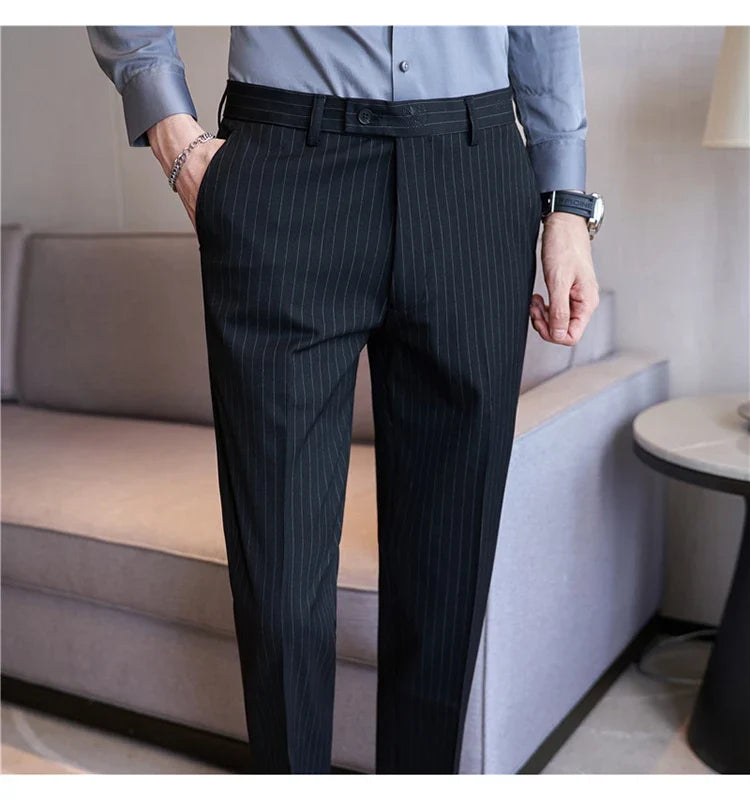 New Korean Style Fashion Striped Embroidery Suit Pants Men's Business Slim Casual Straight Pants Formal Wedding Party Trousers