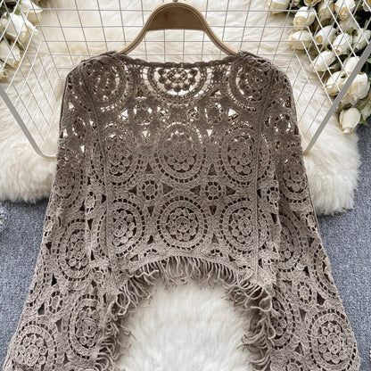 Autumn Casual Loose Knitting Top O Neck Hook Flower Hollow Long Sleeved Tassel Design Fashion French Vintage Blouse