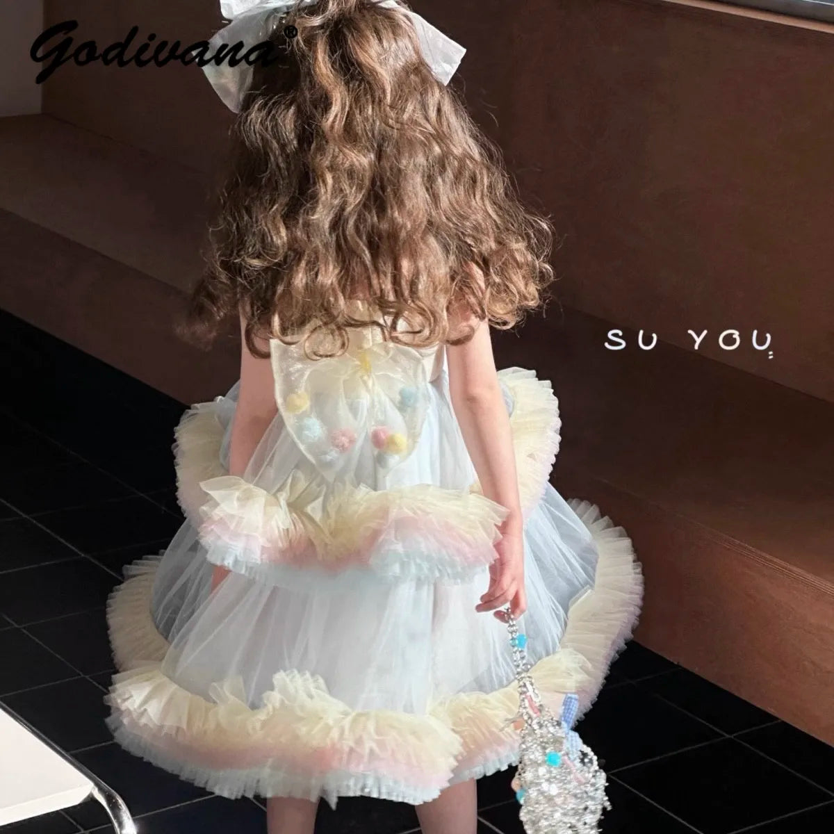 Sweet Baby Girls Elegant Rainbow Gradient Tutu Princess Cake Sundress Kids Tulle Ruffle Trim Puffy Birthday Party Casual Gown