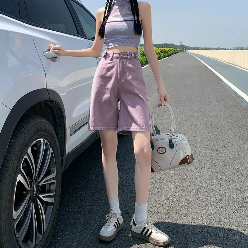 Summer New Korea Fashion Loose Women Jeans Shorts Purple Pink High Waist Straight Pockets Female Wide Short Pants
