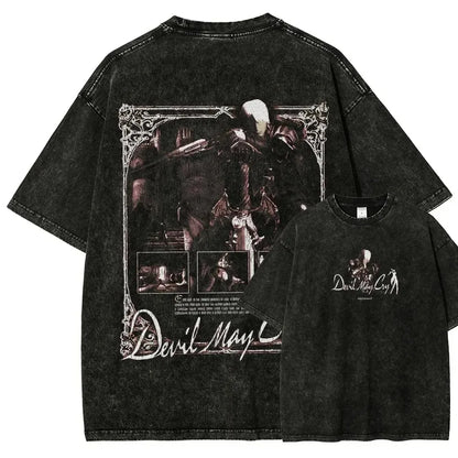 Devil May Cry 3 Dante Awakening Vintage Washed Tee, Double Sided Design, Front Dante Character Game Title Women And Men T-Shirt