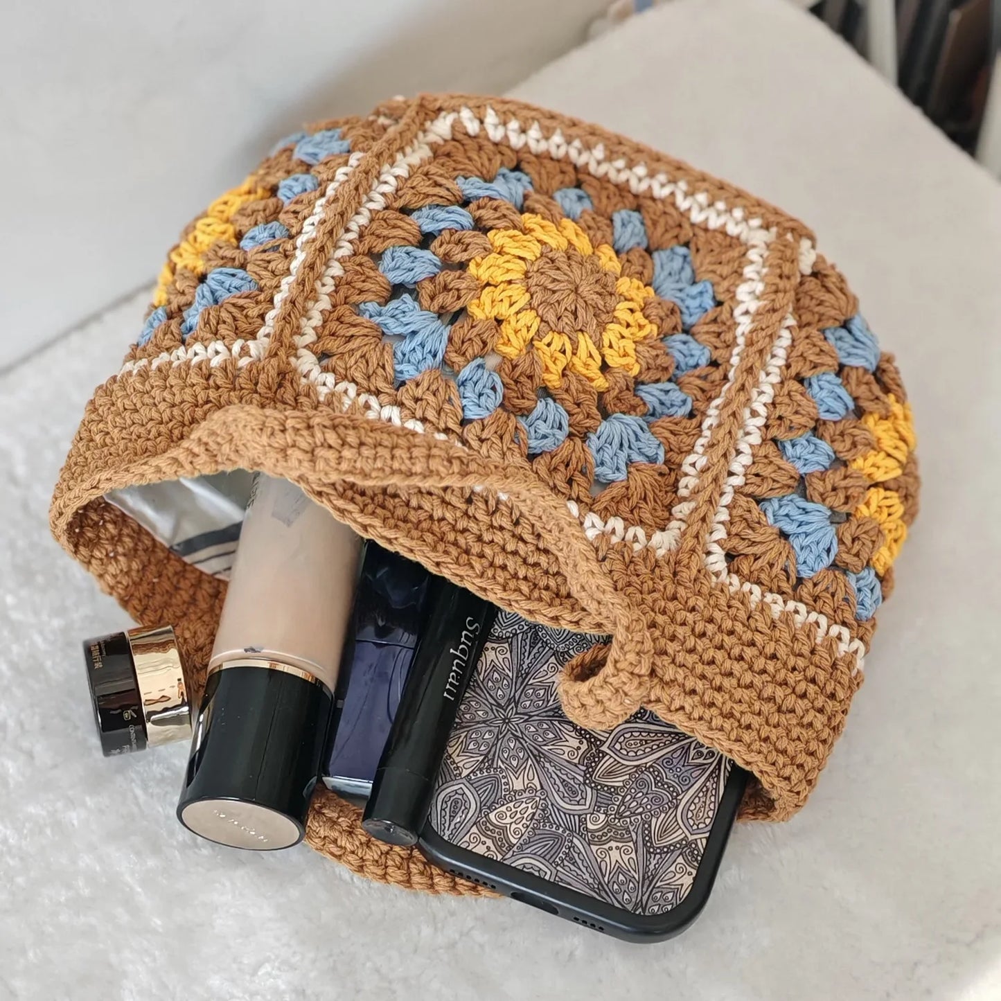 Boho Crochet Handbag for Women – Handmade Granny Square Tote Bag, Retro Knitted Shoulder Bag, Summer Casual Purse