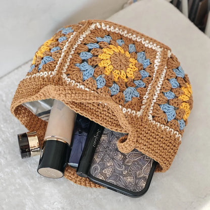 Boho Crochet Handbag for Women – Handmade Granny Square Tote Bag, Retro Knitted Shoulder Bag, Summer Casual Purse