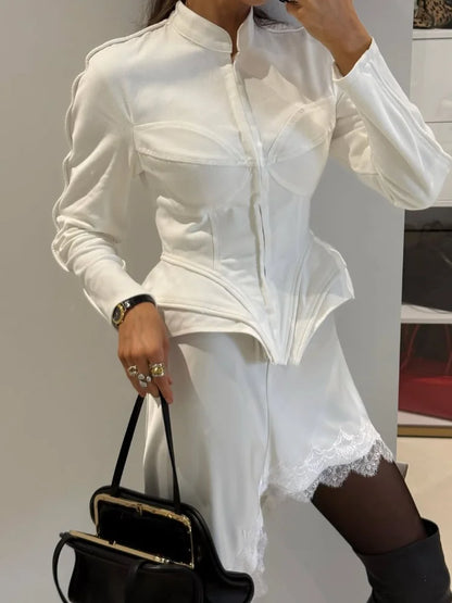 Elegant White Women's Long Sleeve Top Slim Fit Corset Bustier Shirt Casual Office Party Streetwear Y2K Fashion Outerwear 2026