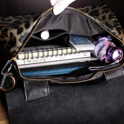 Genuine Leather Tote Handbags for Women, Leopard Shaped Cow Skin Office Bag with Long Strap, Luxury Crossbody Shoulder Bags
