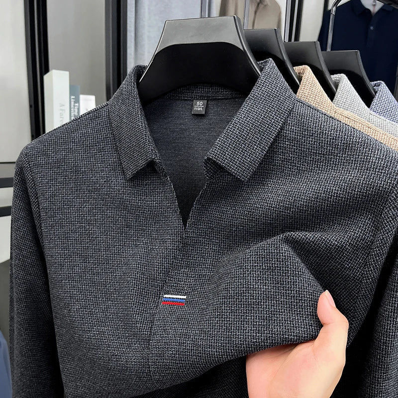 High end brand men's long sleeve V-neck polo shirt autumn fashion new striped embroidery design boutique golf top casual T-shirt