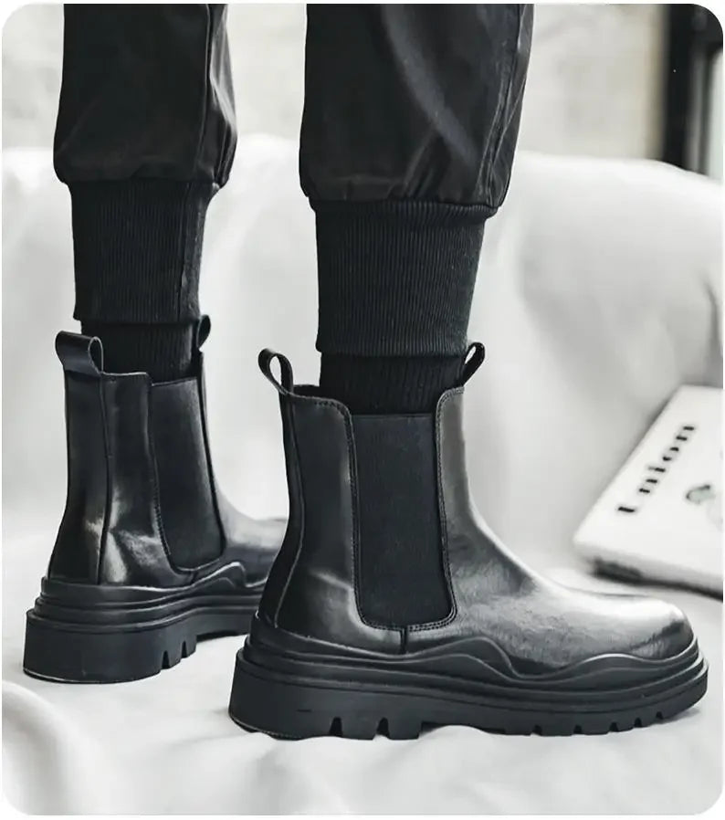 Fashion Mens Sheoes Platform Chelsea Boots Thick Bottom Split Leather Ankle Boots Male Footwear Round Toe Short Boots