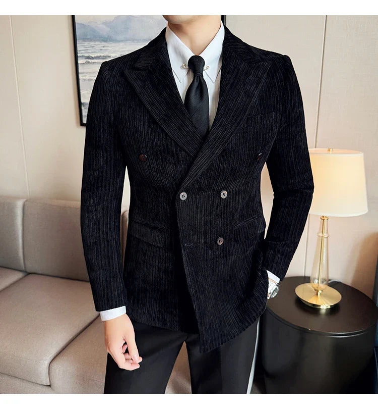 Autumn Winter New Men Corduroy Suit Jackets Double-Breasted Striped Slim Fit Casual Coats High Quality Formal Business Tailcoat