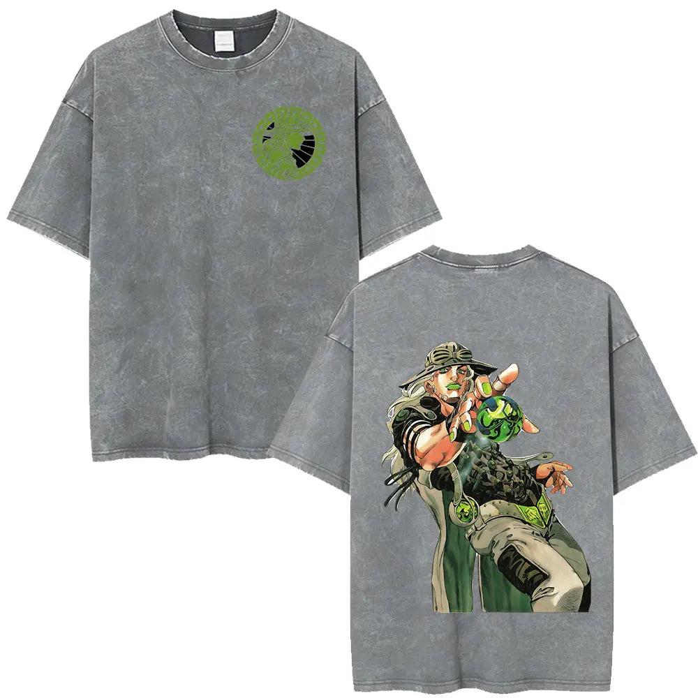 Anime Jojo Bizarre Adventure STEEL BALL RUN Manga Vintage Acid Washed T Shirt Men Women Casual Short Sleeves T-shirt Streetwear