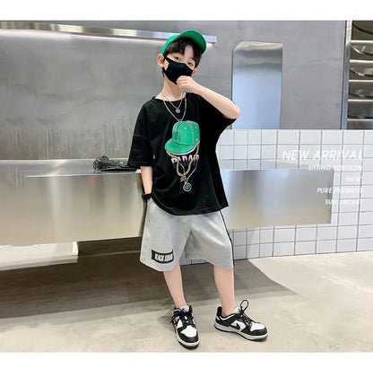 Summer Casual Boys Cotton Printed Short-Sleeved T-Shirt Tops+Short Pant Suit School Kids Tracksuit Children 2PCS Outfit 5-14 Yrs