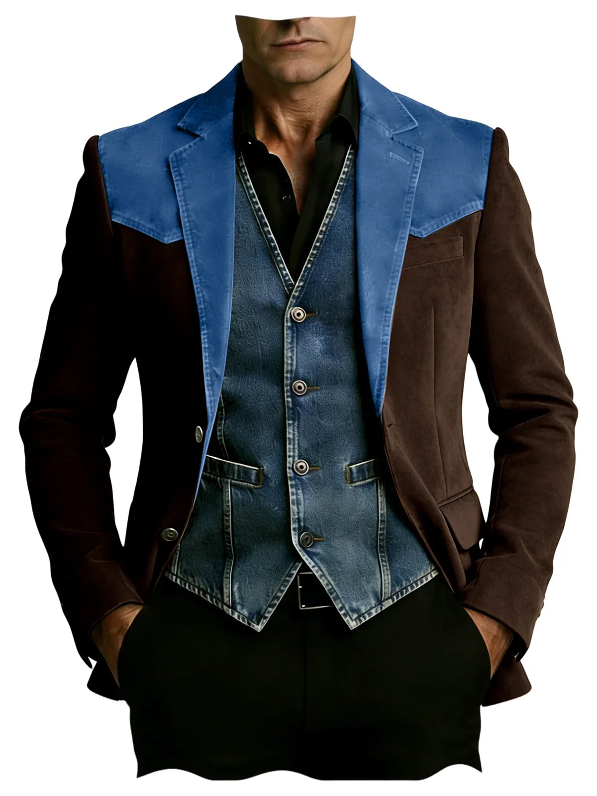 Men's Vintage Suede Blazer Notch Lapel 2 Button Denim Shoulder Collar Patch Jacket Business Casual Daily Wear Coat for Gentlemen