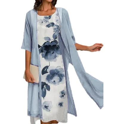 2025 new! Eu-us Summer Women's casual elegance 2 printed crew-neck loose dress sweater coat set