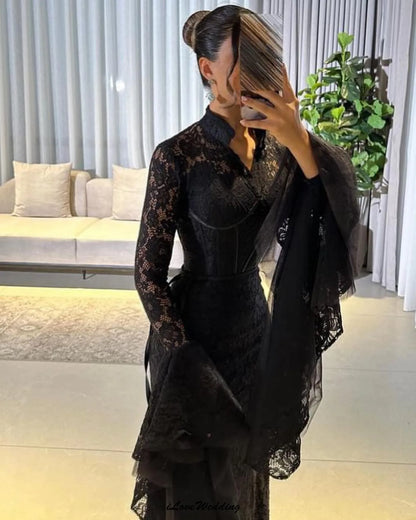 Customized Black Long Sleeve Lace Evening Dresses 2025 High Neck Elegant Women Party Dress Mermaid Floor Length Formal Gowns
