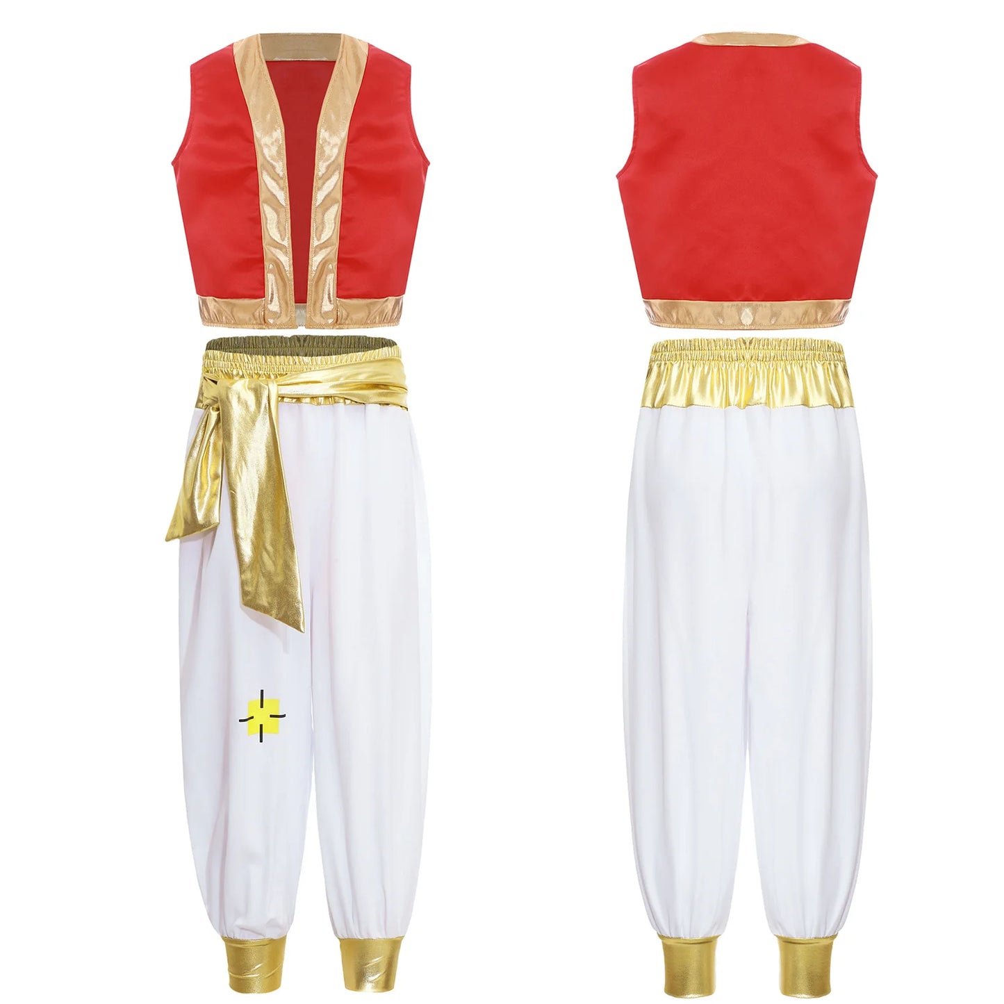 Boys Girls Prince Costume Arabian Prince Fairy Tale Character Cosplay Suits Belly Dance Golden Trim Vest with Satin Bloomer Set