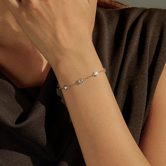 Bracelet à breloques mode empilable en argent sterling 925 avec oxyde de zirconium rond étincelant transparent, pour femme, bijoux fins