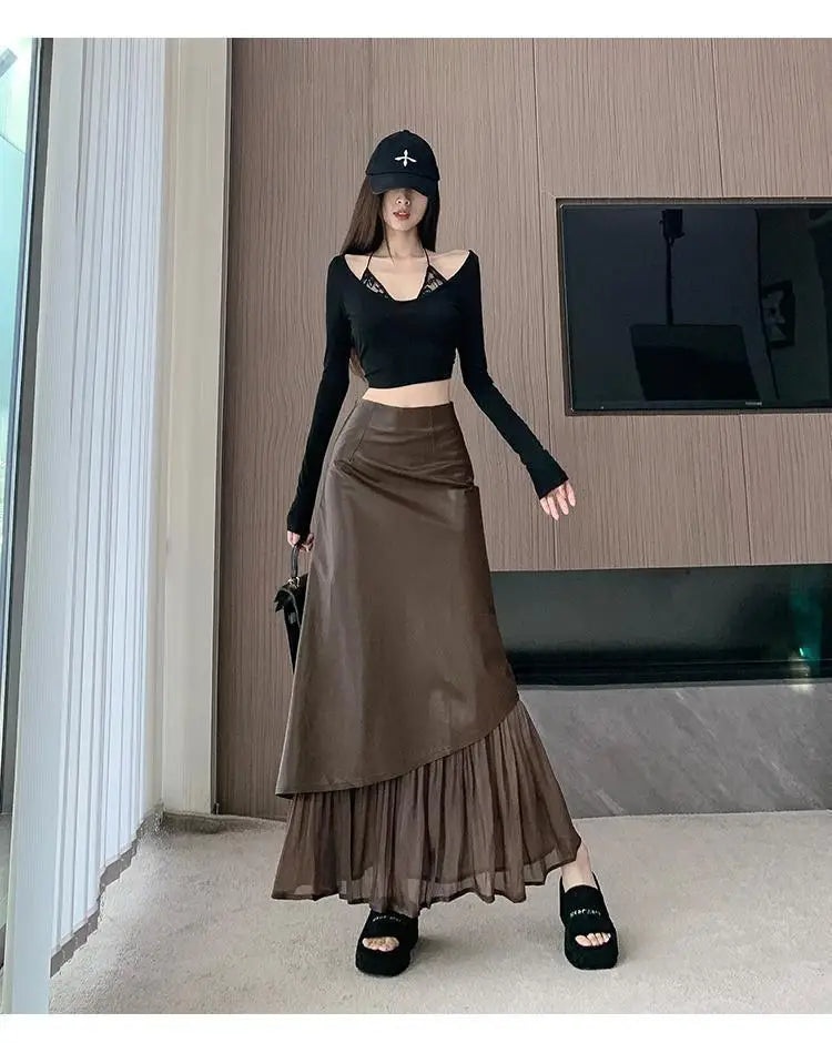 تنورة نسائية ريترو، تنورة طويلة بخصر عالٍ وقصة A-line بتصميم جديد للخريف المبكر من الجلد بخياطة غير متماثلة