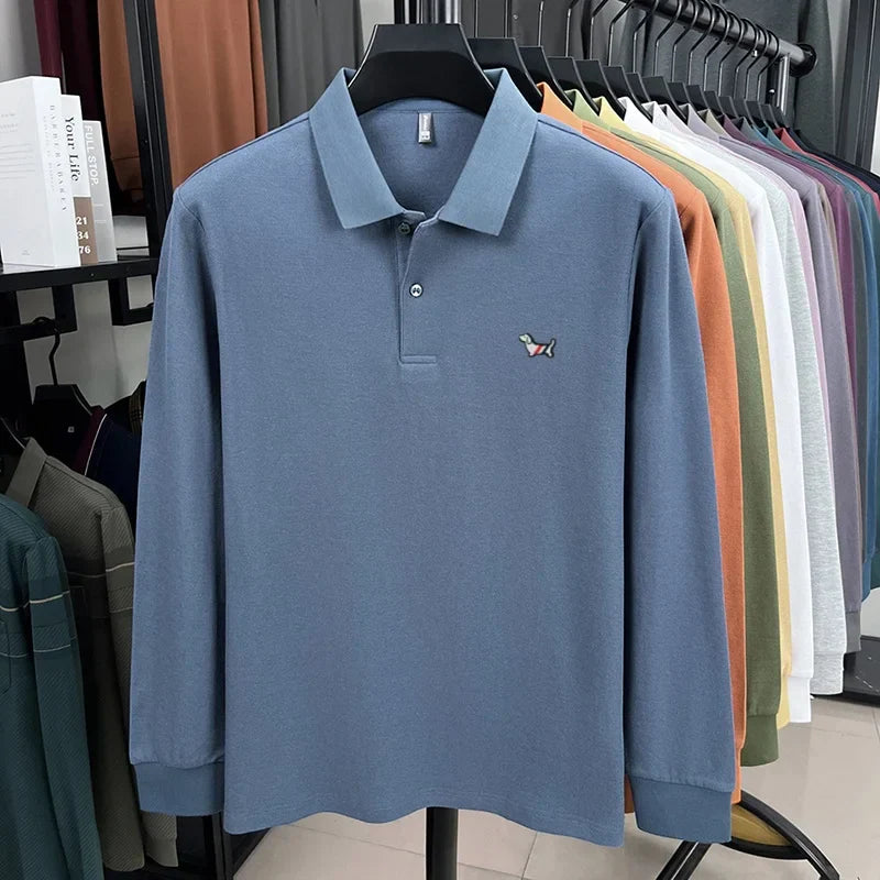 Fashion brand autumn new men's top casual warm 100% cotton long sleeved Polo shirt