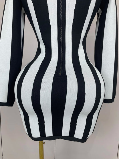 2025 Luxury Sexy Long Sleeve Stripe Black White Mini Bandage Dress Women Knitted Celebrity Elegant Evening Club Birthday Dresses